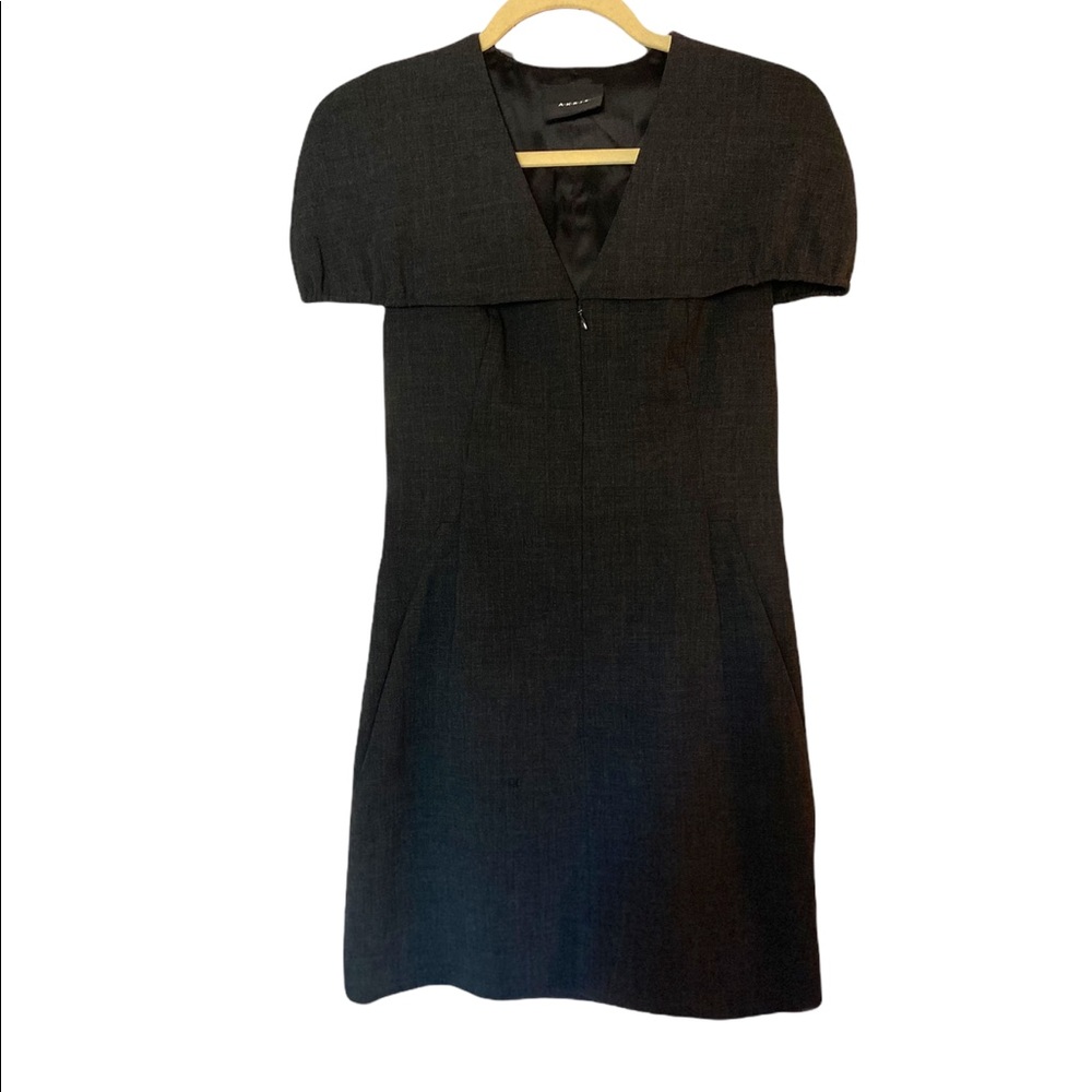 Akris Charcoal Wool V-neck Sheath Dress w/ Cape Top Size 4